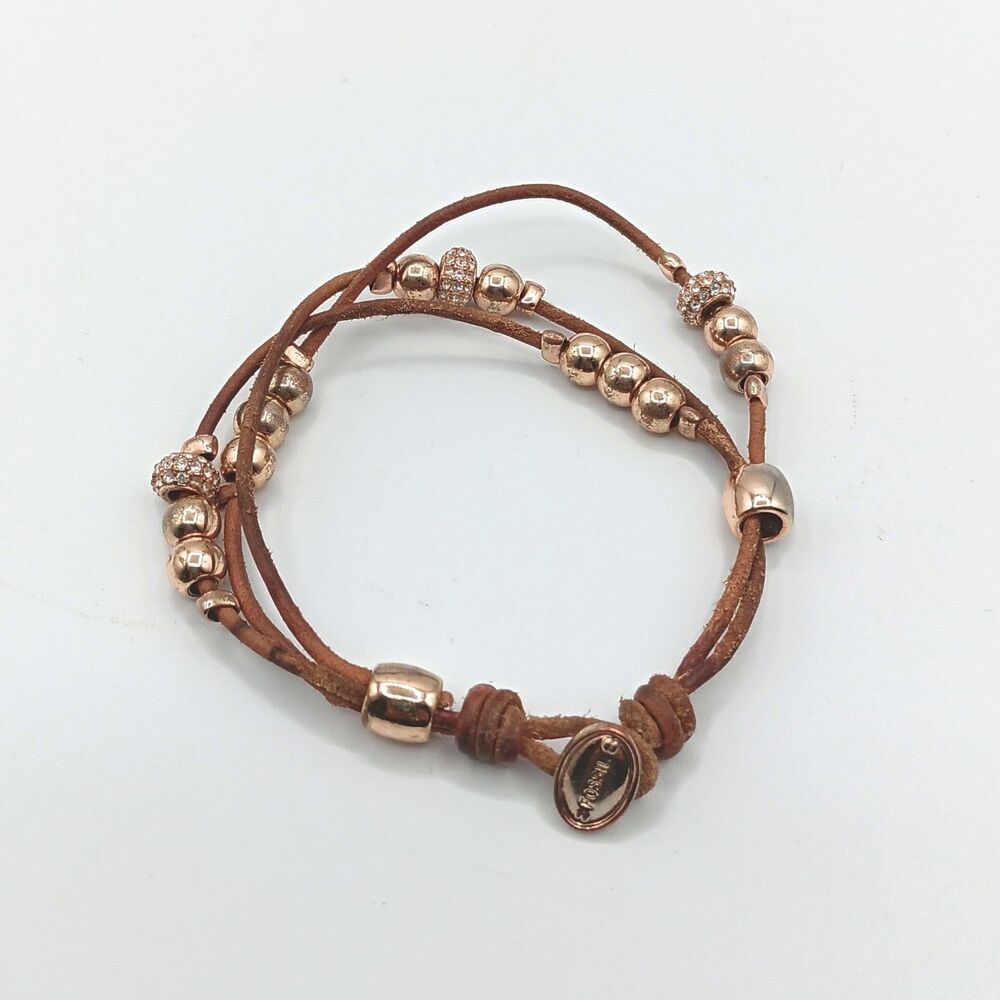 Fossil Hammered Gold Bead Leather Bracelet 8” Paved Rhinestone 3-Strand Boho